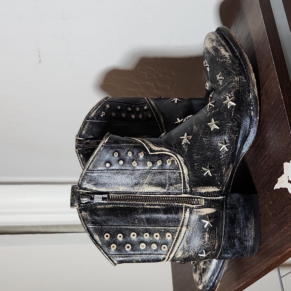 SENDRA Sara Raspado Black Star Studded Cowboy Boots  Distressed Side Zip 38 8 - Picture 5 of 15